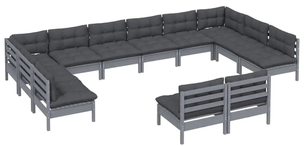 12pcs conjunto lounge de jardim + almofadões pinho maciço cinza