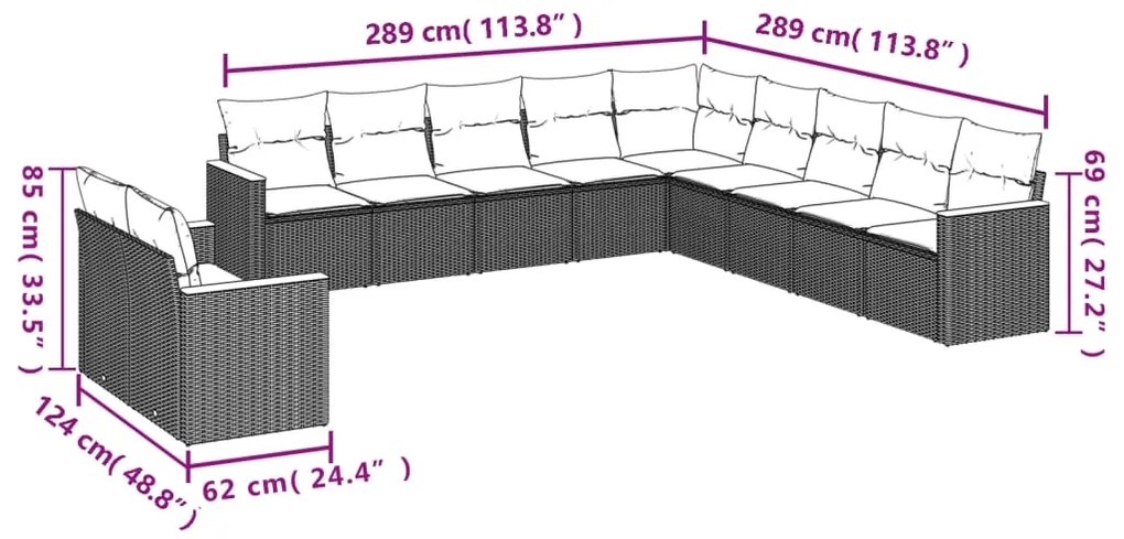 11 pcs conjunto sofás de jardim c/ almofadões vime PE preto