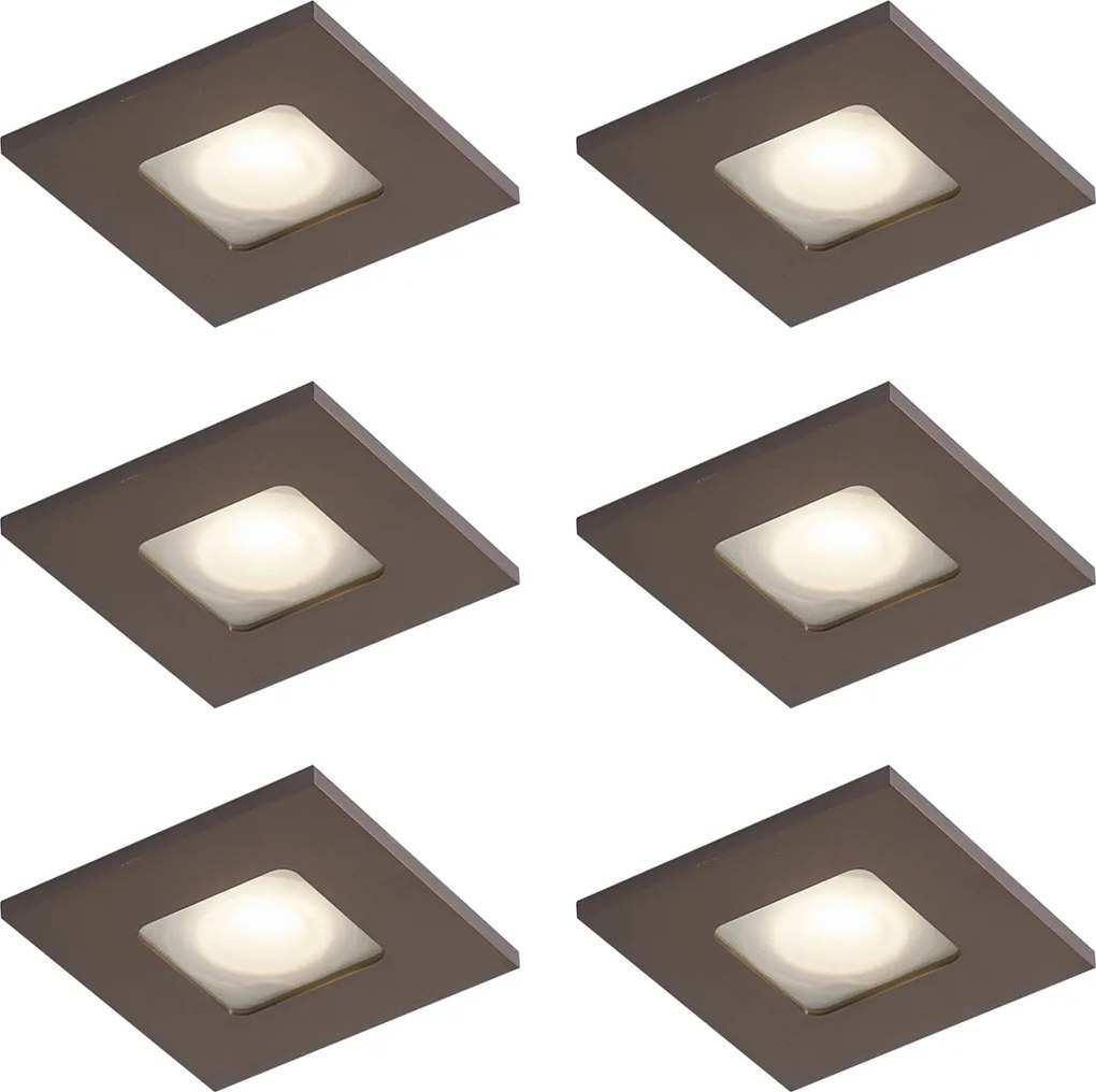 Conjunto de 6 focos embutidos modernos bronze escuro quadrado IP44 - Qure