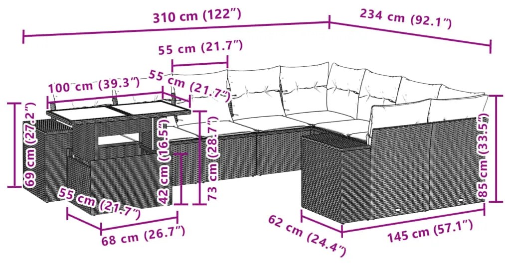 10 pcs conj. sofás jardim com almofadões vime PE castanho