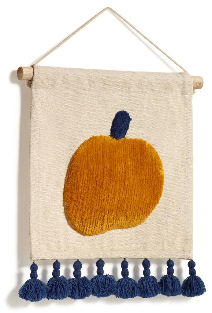 Kave Home - Tapeçaria parede Amarantha 100% algodão branco com maçã laranja e franjas azul 30 x 30 cm