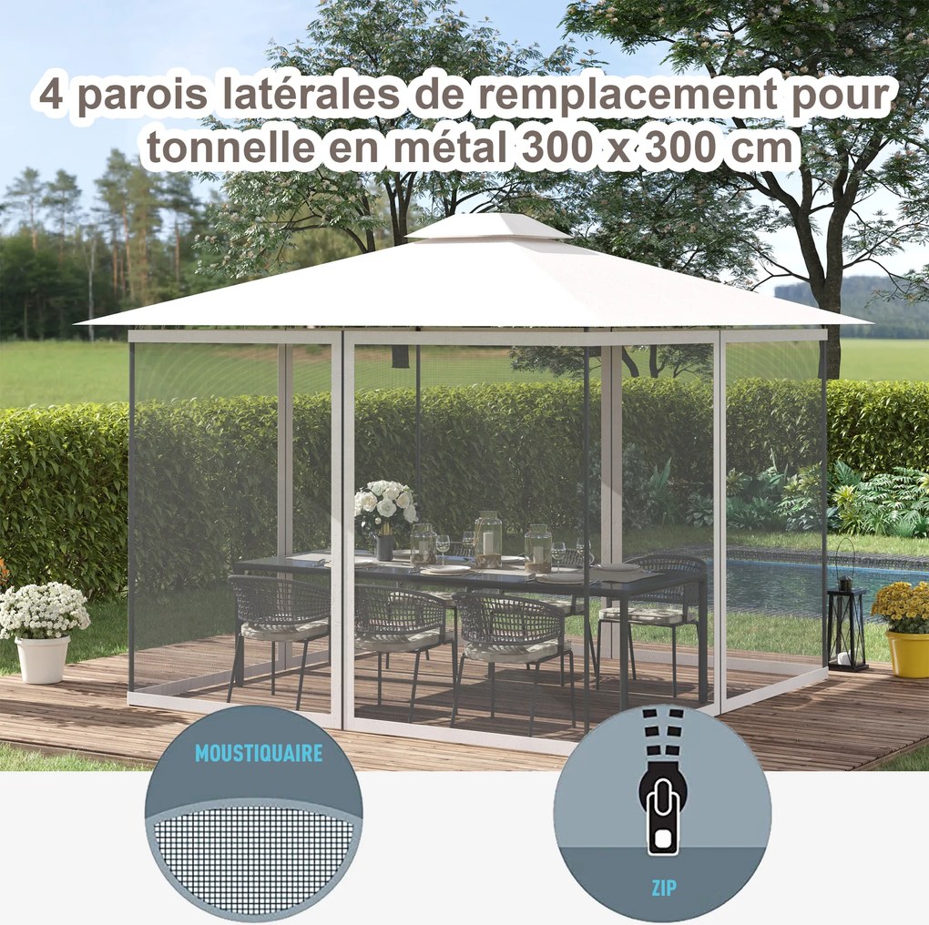Redes mosquiteiras para tendas de jardim de 3 x 3 (TENDA NÃO INCLUIDA) m - conjunto de 4 redes com fecho de correr + ganchos de fixação - poliéster e