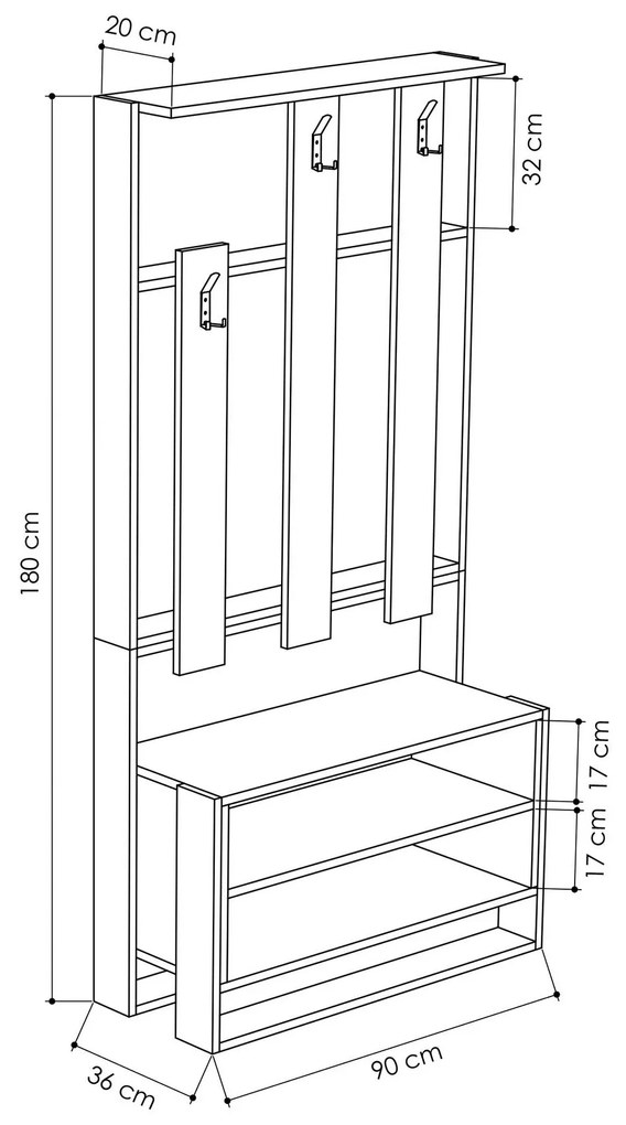 Conjunto de Entrada Chester – Sapateira, Banco e Cabide - 90x36x180 c
