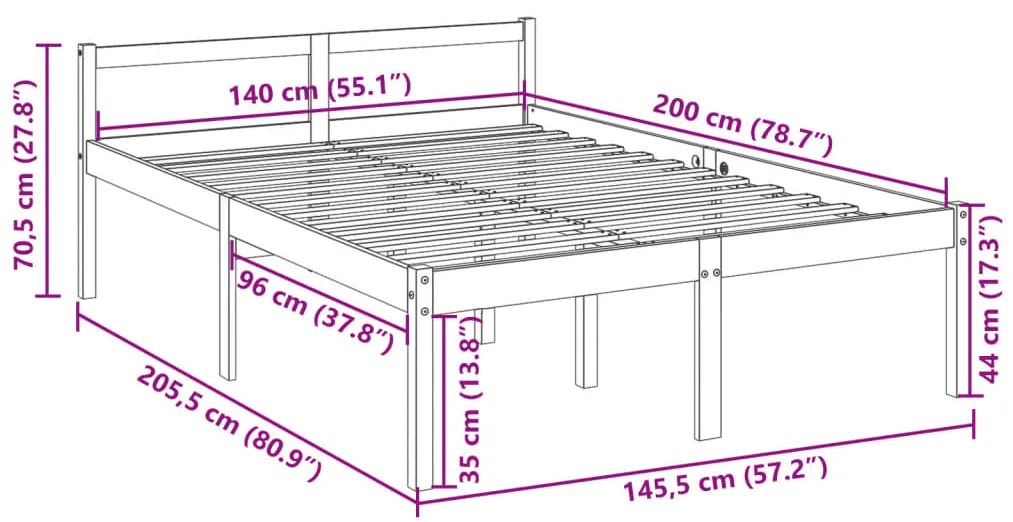 Cama para idosos 140x200 cm pinho maciço branco