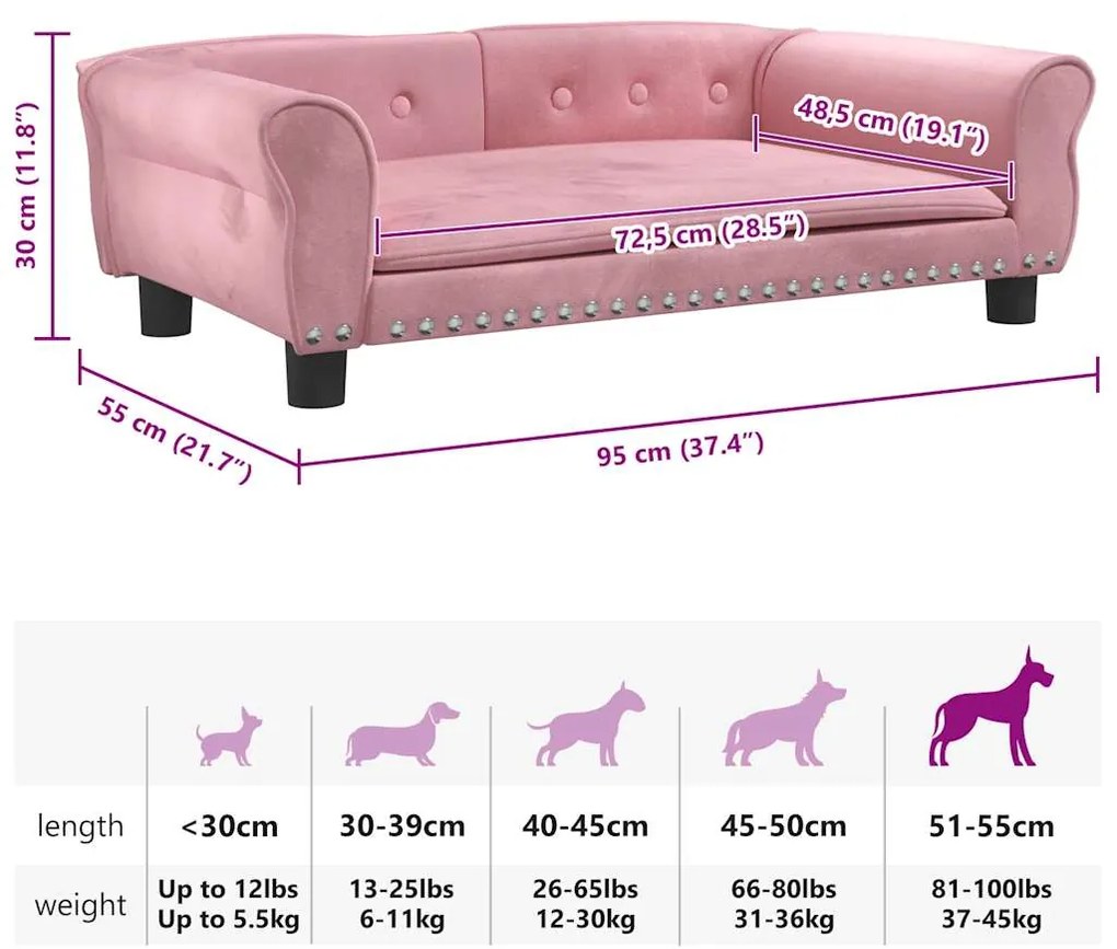 Cama para cães 95x55x30 cm veludo rosa