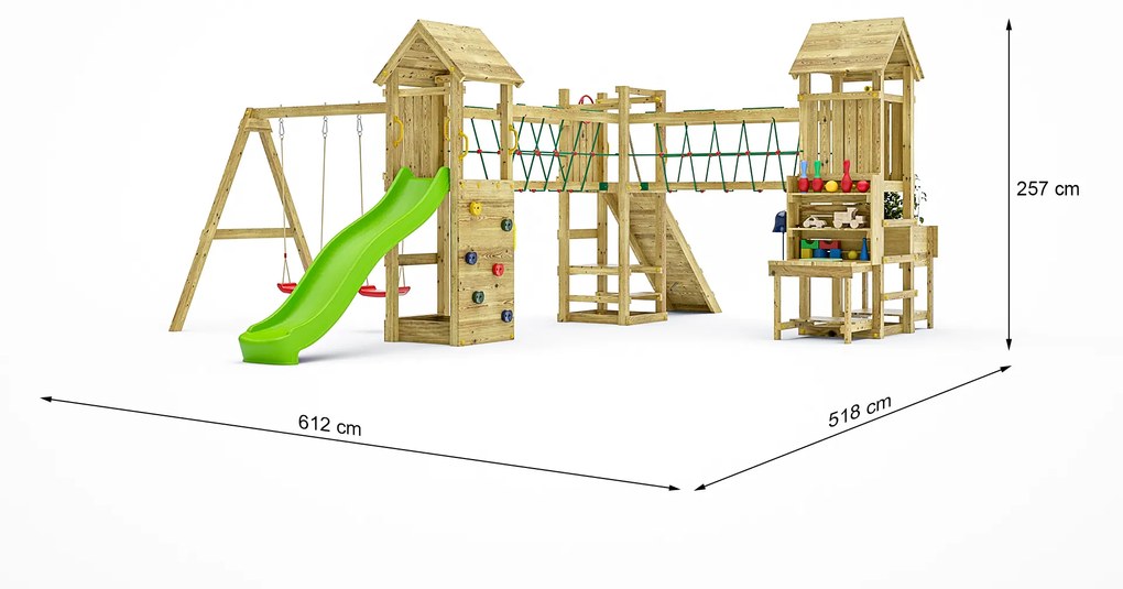 Parque infantil Crianças Exterior Optimizer KDI Escorrega Verde, Baloiço Duplo, corda esclada, parede escalada