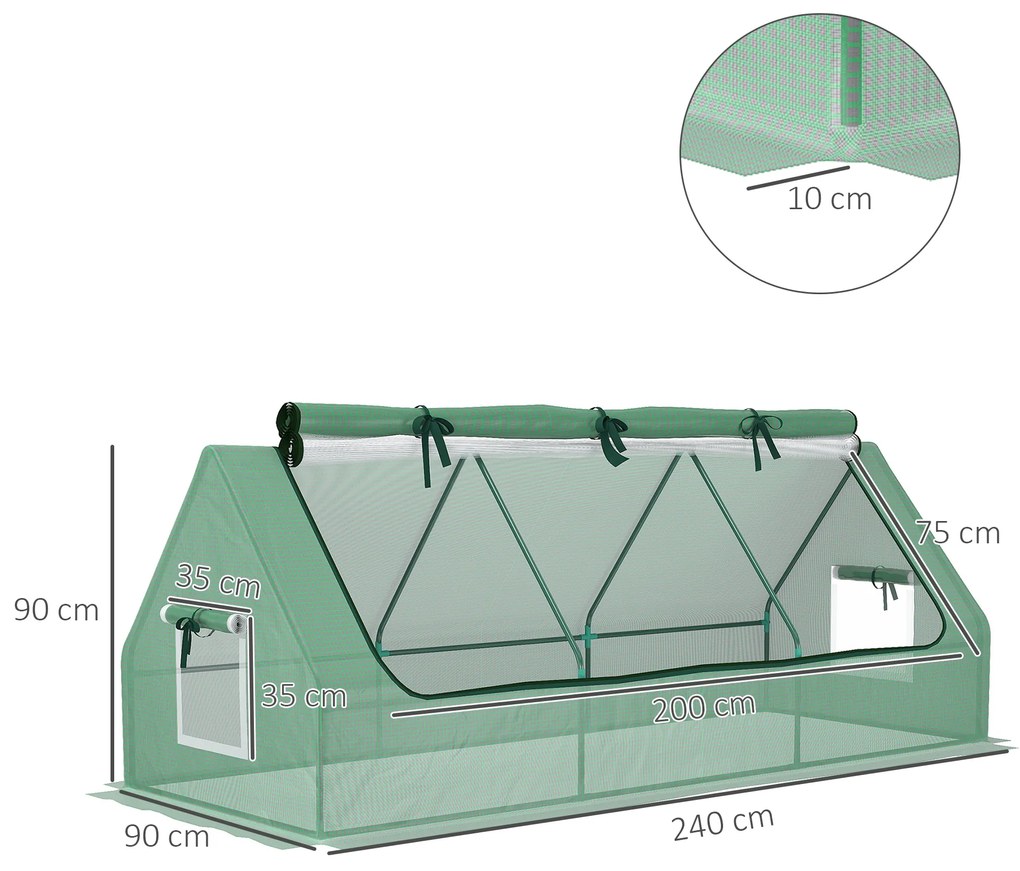 Estufa de Jardim Mini Estufa 240x90x90 cm com Janelas de Malha e Estrutura de Aço para Cultivar Verduras e Flores Verde