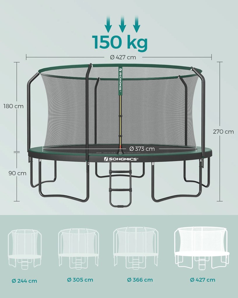 Trampolim redondo 427 cm com rede, estrutura almofadada e Escada Preto-verde escuro