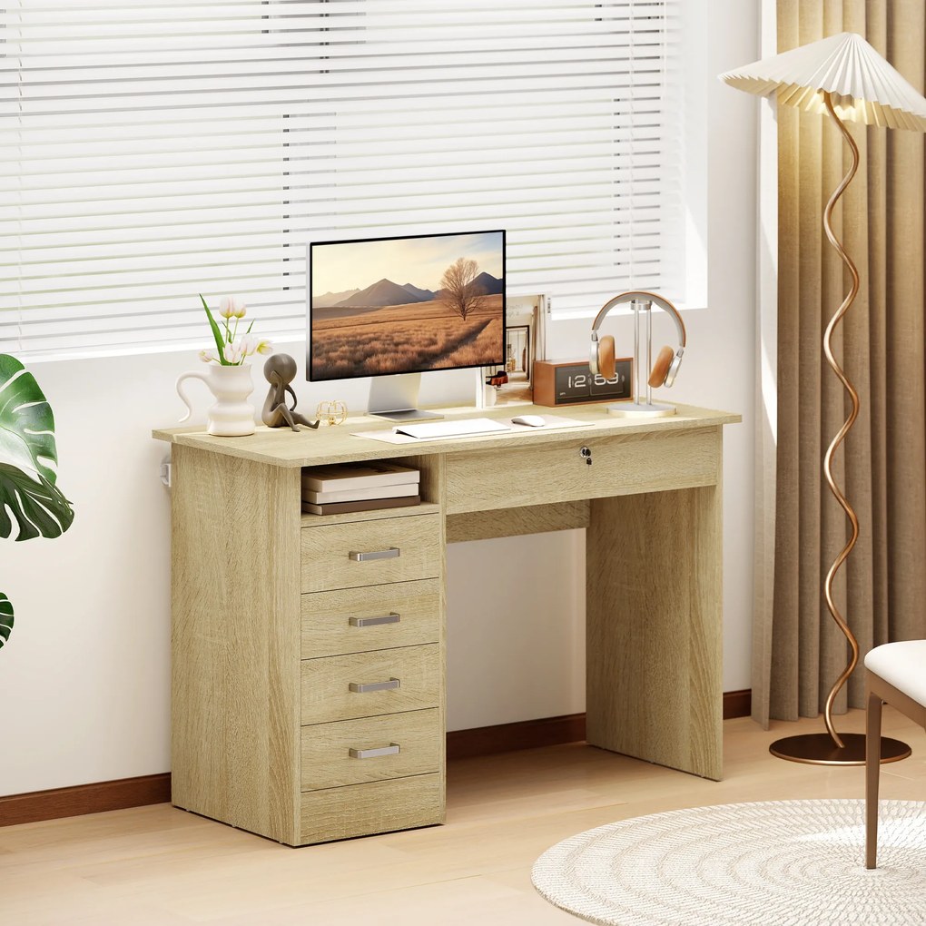 Secretária moderna com 5 gavetas 110 x 50 x 76 cm, tampo amplo, 1 compartimento aberto, gaveta com fechadura, cor carvalho