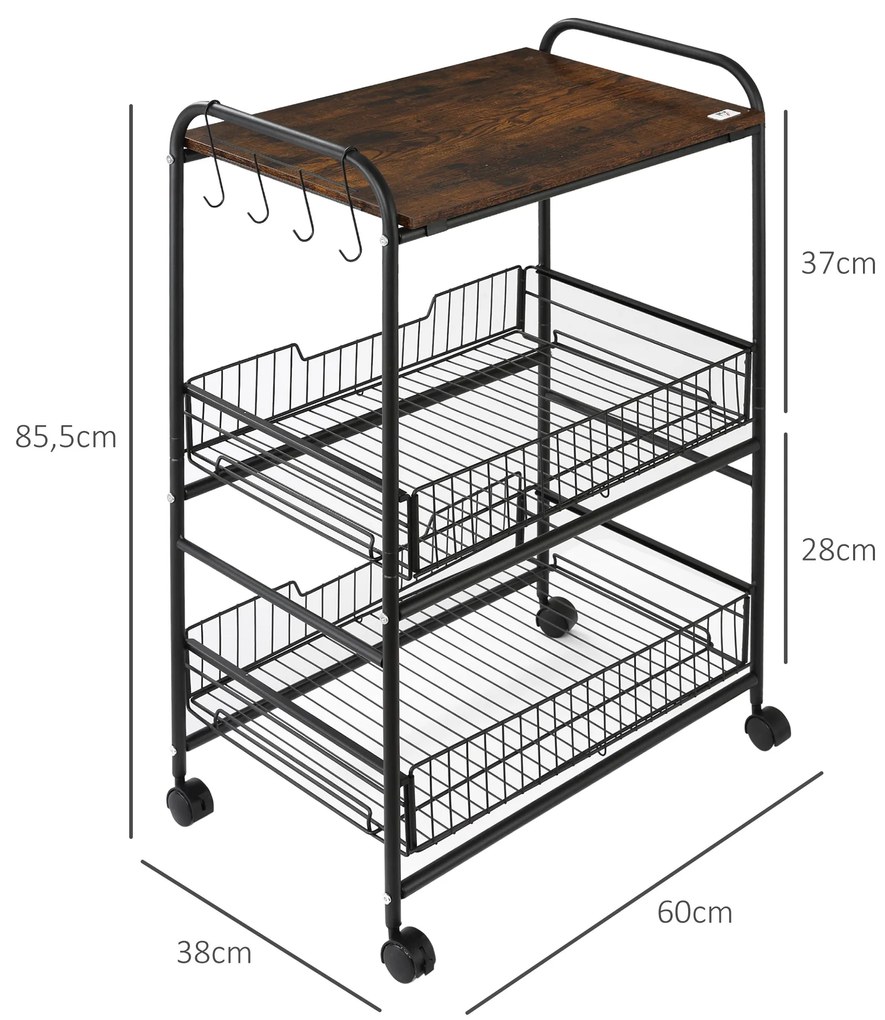 Carrinho de Cozinha com Rodas Carrinho Auxiliar de 3 Níveis com 2 Cestas e 4 Ganchos 60x38x85,5 cm Castanho Rústico