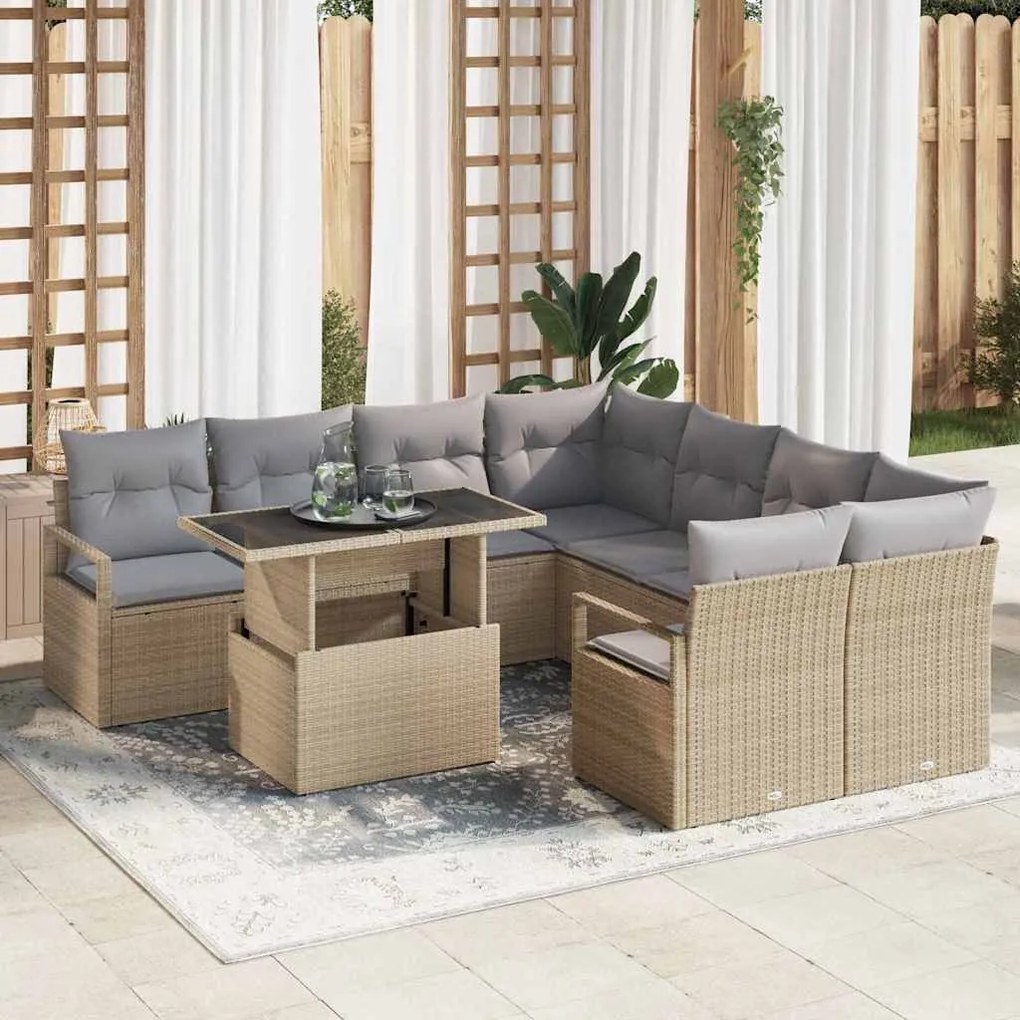 vidaXL Conjunto de Sofás de Jardim 9 Peças com Almofadas em Rattan Sintético Bege