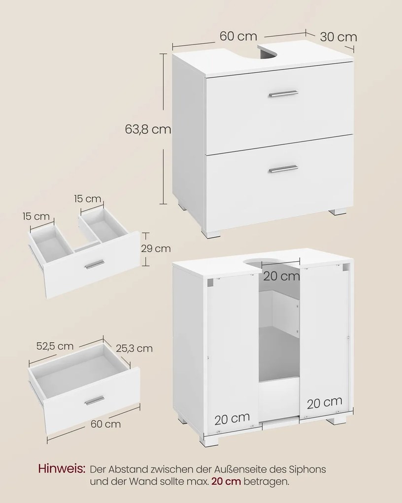 Móvel casa de banho de lavatório (NÃO INCLUIDO) 30 x 60 x 63,8 cm com 2 gavetas grandes Coleção CUSTOS branco