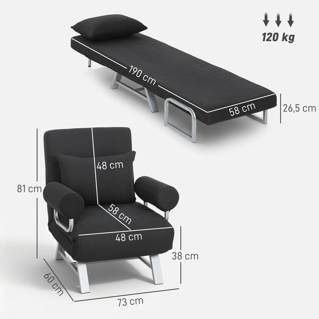 Poltrona reclinável convertível em sofá-cama de 1 lugar, com almofada lombar, braços e base em metal, em linho preto