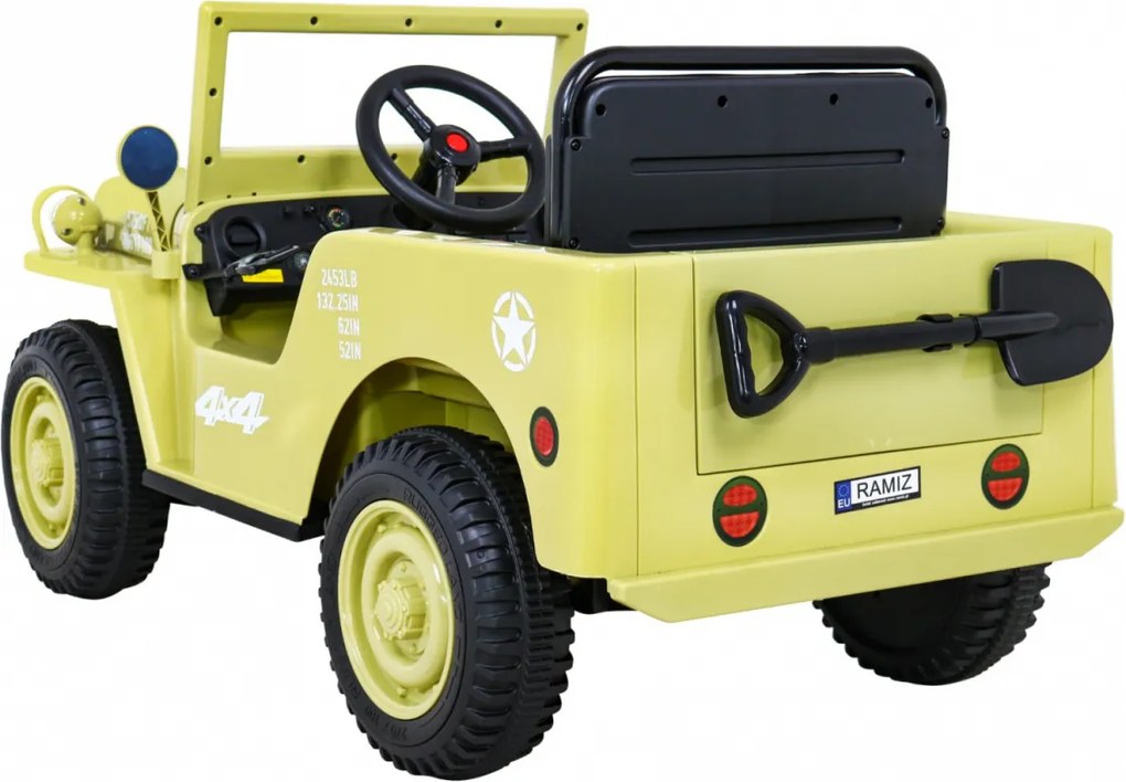 Jipe Militar elétrico para Crianças Retro Military, 12V 4x4, Rodas Espuma EVA, assento couro ecológico Bege