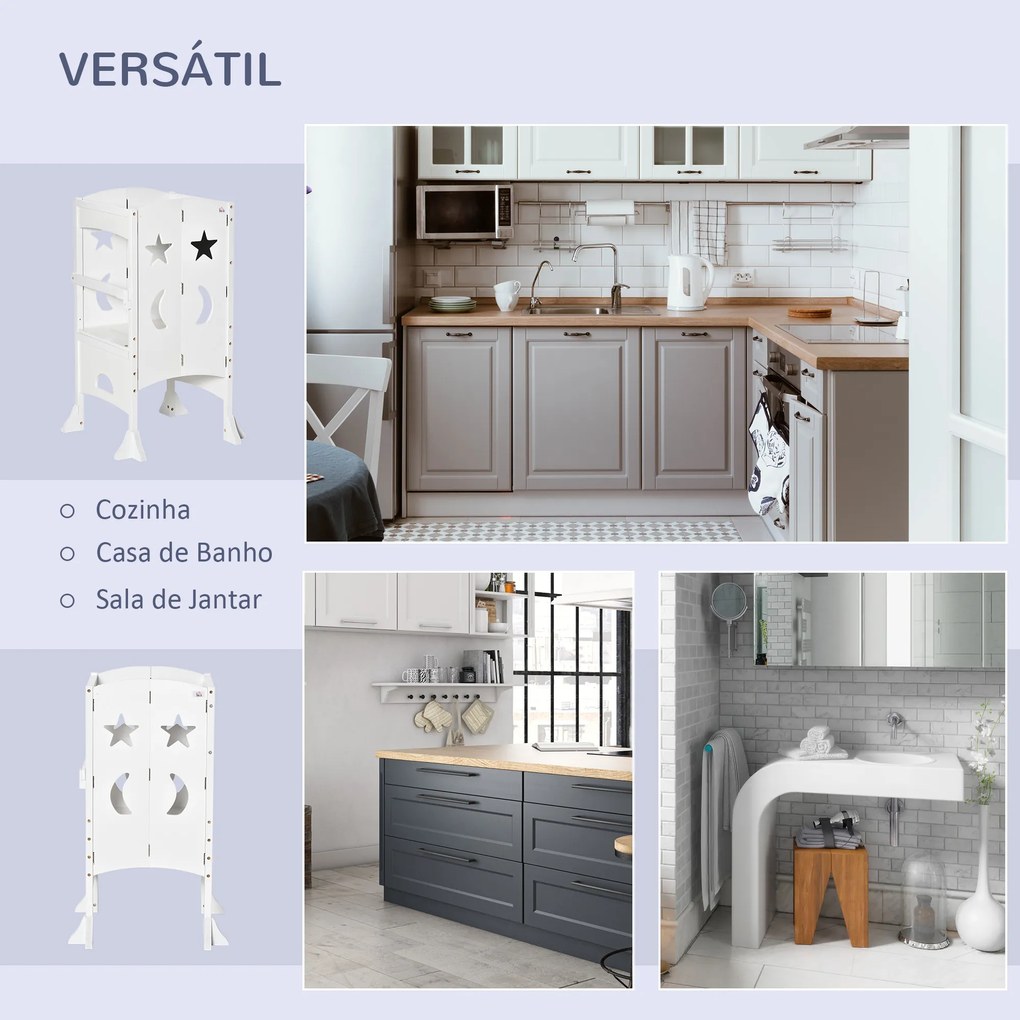 HOMCOM Torre de Aprendizagem para Crianças 3-6 anos de Madeira Torre de Aprendizagem Infantil Dobrável com Ardósia e Barra de Segurança para Casa de Banho Cozinha 56,5x56,5x94cm Branco