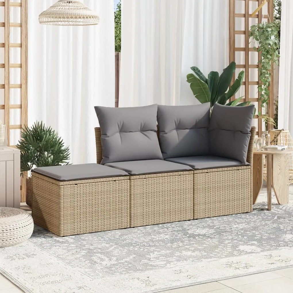 vidaXL 3 pcs conjunto de sofás p/ jardim com almofadões vime PE bege