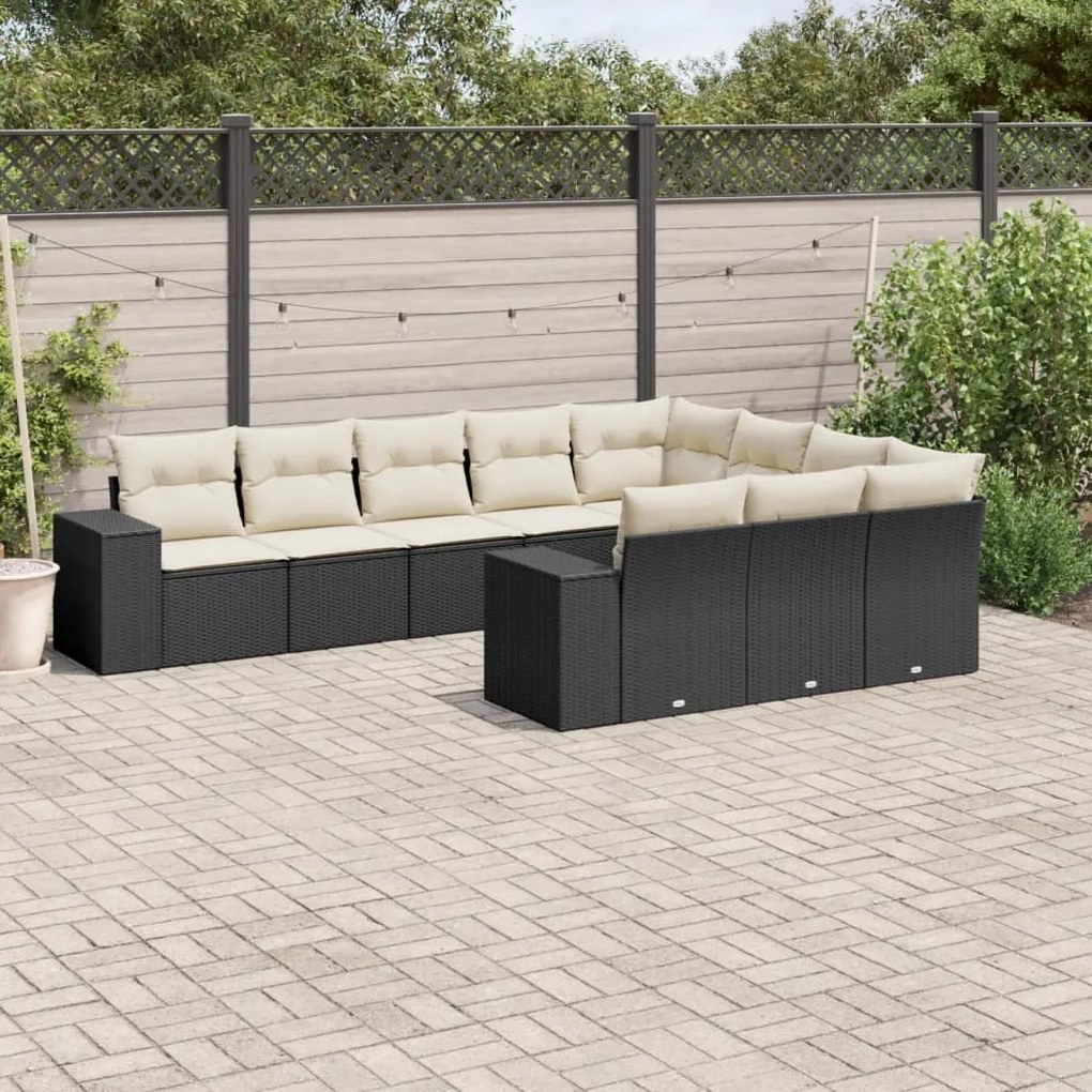 10 pcs conjunto sofás de jardim c/ almofadões vime PE preto