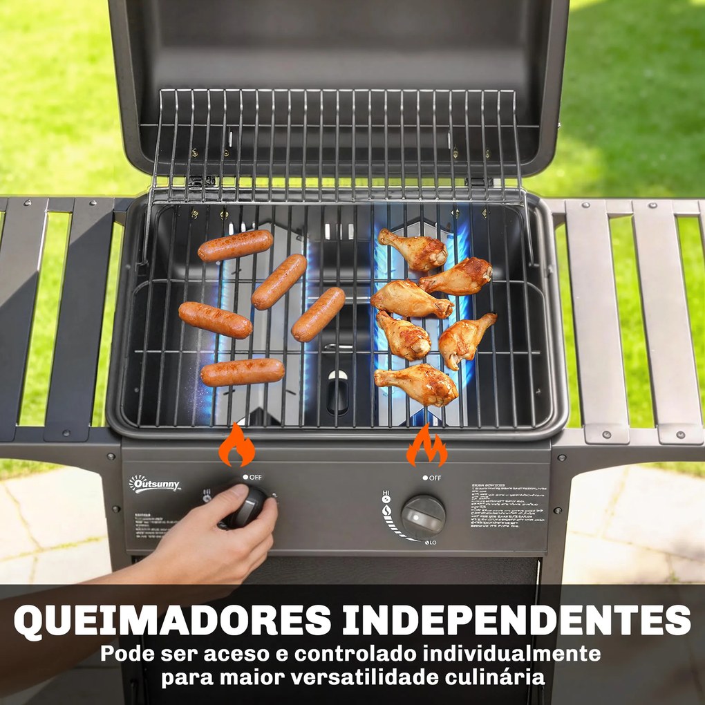 Grelhador a Gás BBQ com 2 Queimadores de 5 kW Termómetro Mesas Laterais Prateleira Grelha de Aquecimento 2 Rodas Preto