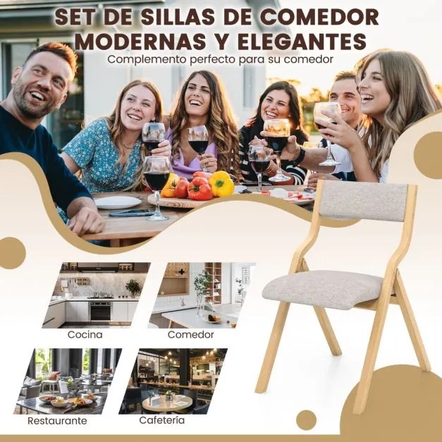 Conjunto de 2 cadeiras dobráveis (MESA NÃO INCLUIDA) de madeira com assento acolchoado em tecido de linho, sem braços, para convidados, 48 x 60 x 78 c