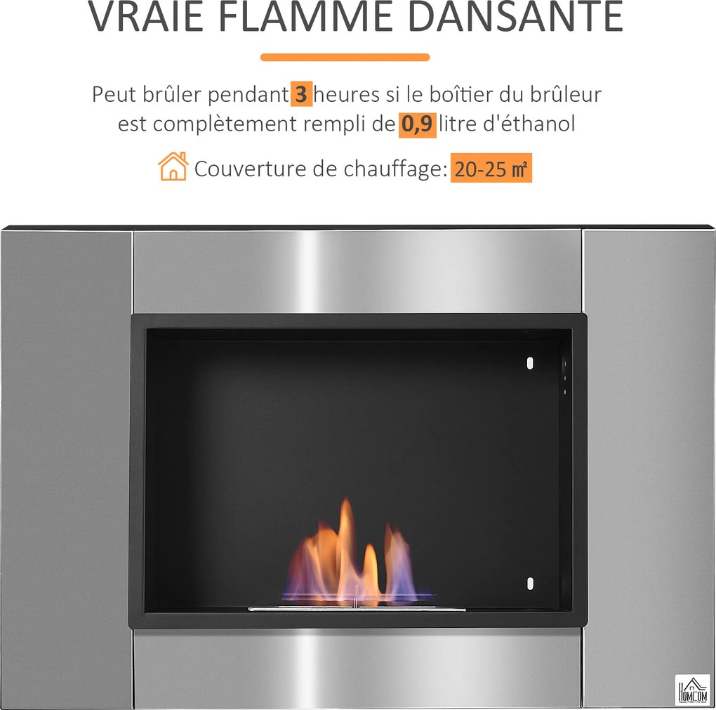 Lareira de bioetanol de parede para encastrar, queimador de 0,9 L, cerca de 3 horas de autonomia, 80 x 14 x 54 cm, cobertura de 25-30 m², aço inoxidáv