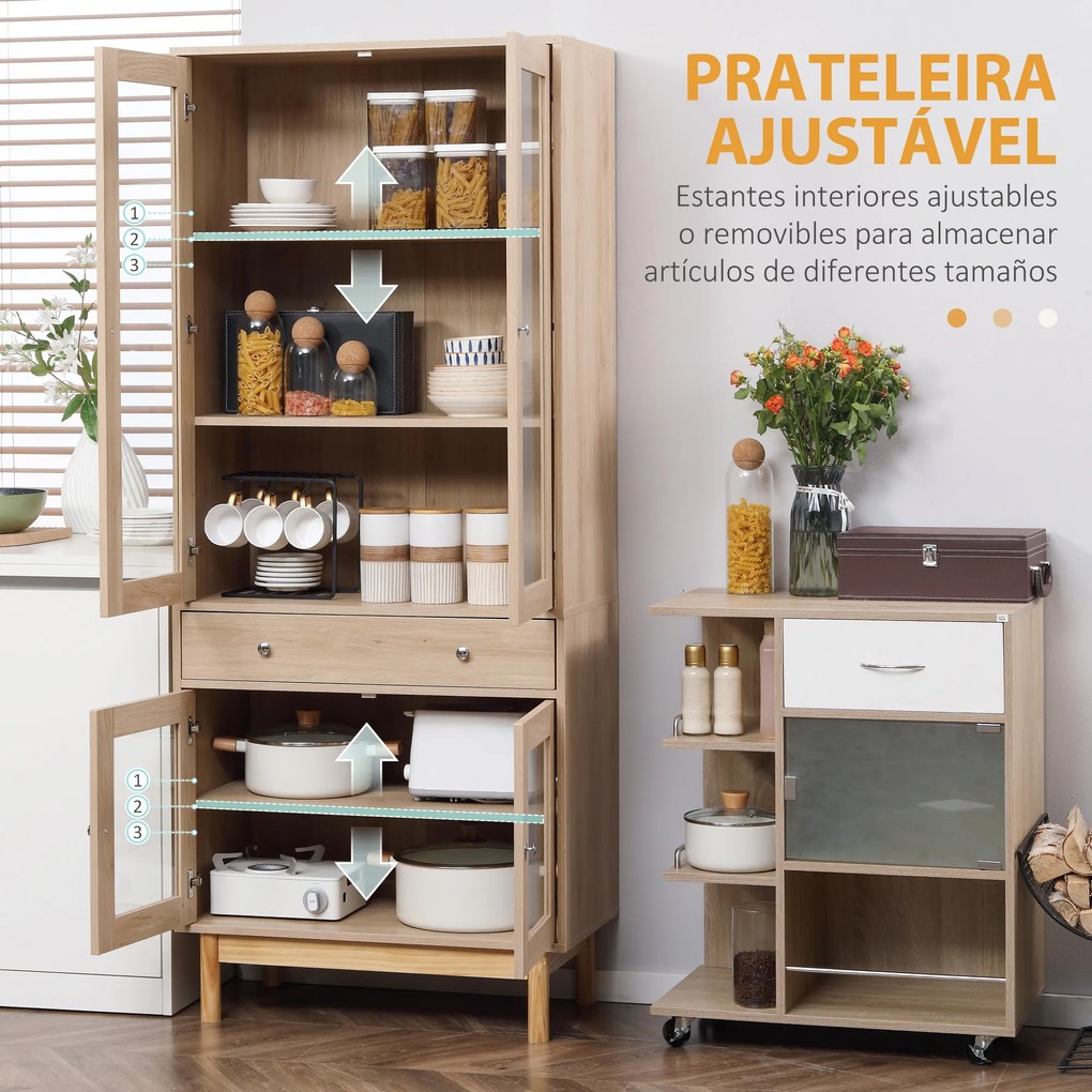 HOMCOM Armário de Cozinha Móvel Auxiliar de Cozinha com 1 Gaveta 4 Portas de Vidro Prateleiras Ajustáveis e Pés Elevados para Sala de Jantar Sala de Estar Anti-Tombamento 76x40x183cm Carvalho