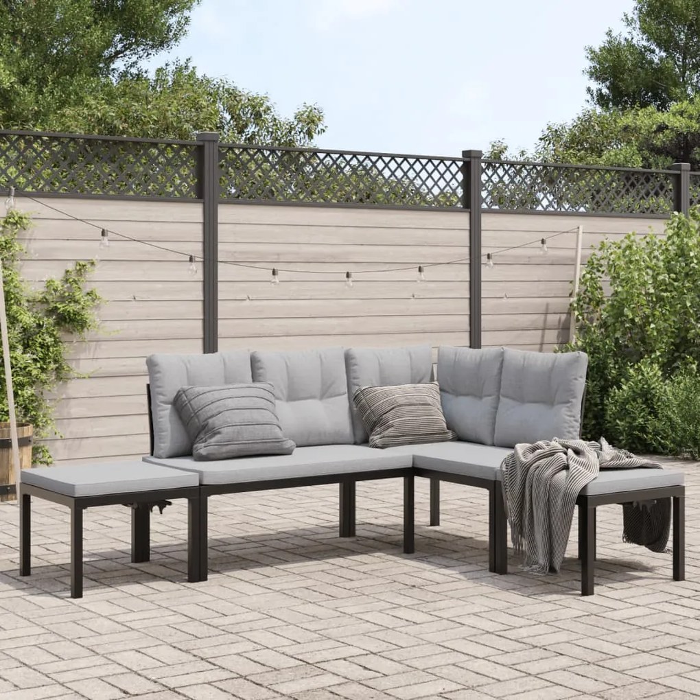 vidaXL 4 pcs sofás de jardim com almofadões aço revestido a pó preto