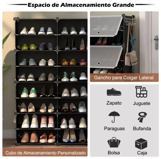 Sapateira de plástico de 8 níveis para 48 pares de sapatos 124 x 32 x 125 cm Preto