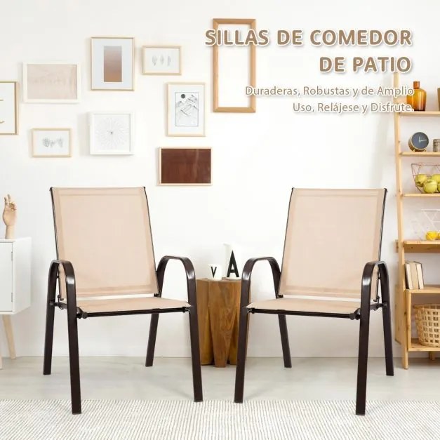 Conjunto de 2 cadeiras de jardim com braços curvos Tecido de secagem fácil Estrutura metálica reforçada Assento largo Assento Castanhas