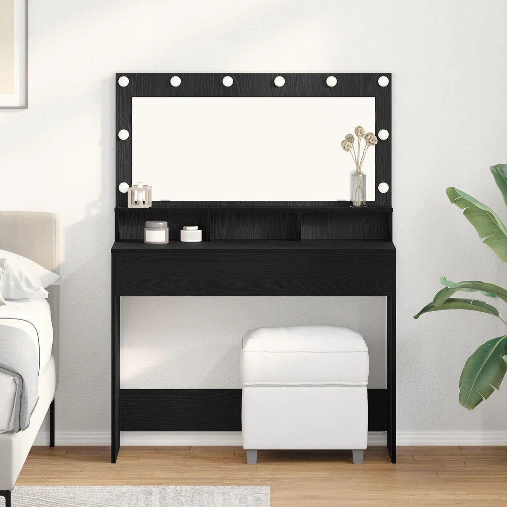 Mesa de Maquiagem vidaXL com Luzes LED Preta Carvalho 100x41x135 cm