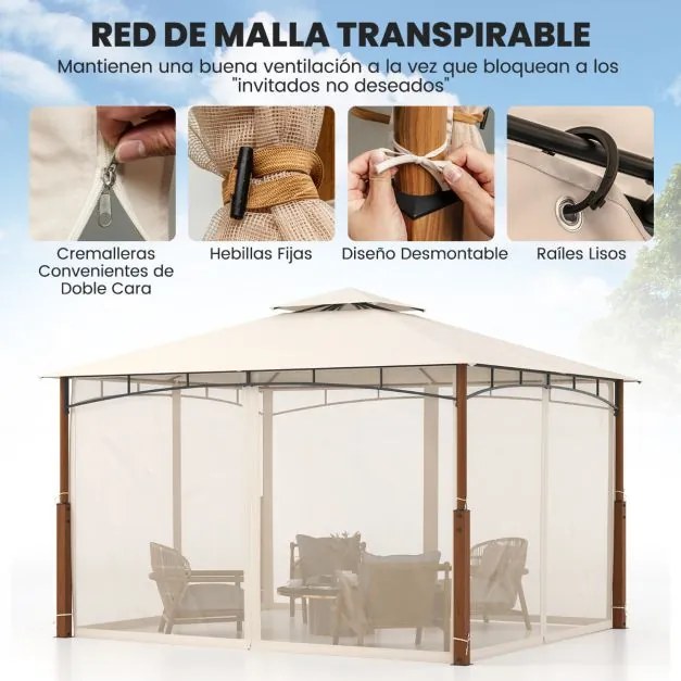Pérgula 3,6 x 3 m com rede 2 níveis Telhado com estrutura metálica Tenda de jardim com telhado duplo para pátio exterior Terraço Bege