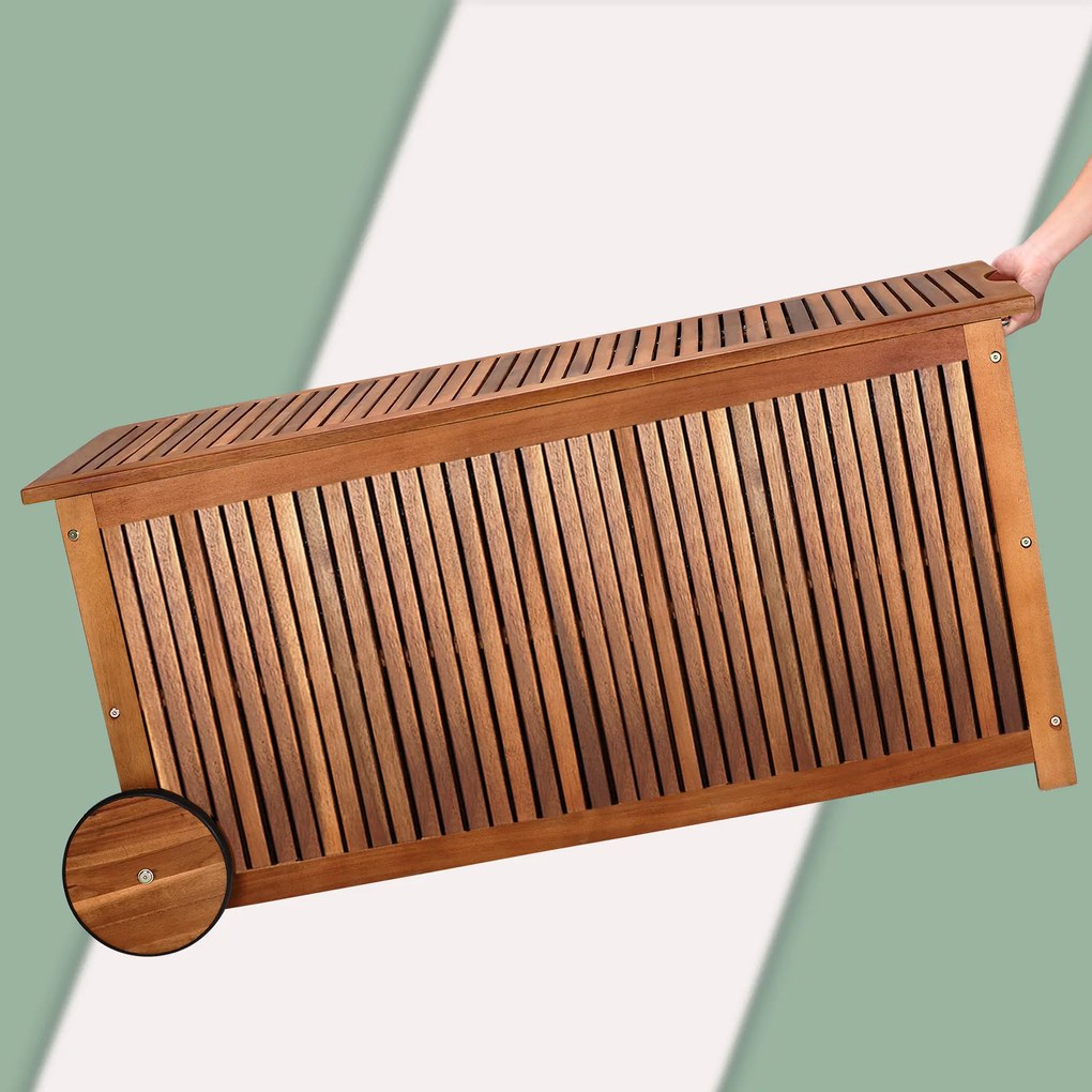 Caixa de armazenamento com rodas para guardar almofadas em madeira de acácia 120 x 55 x 60 cm Castanho
