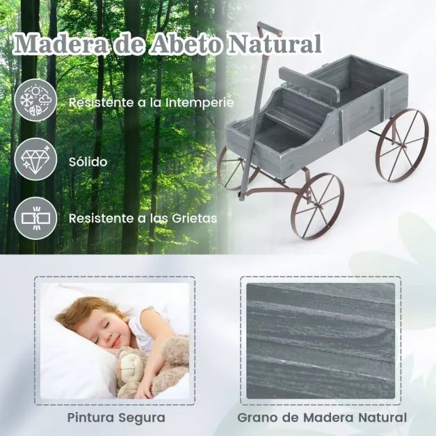 Carrinho floreira de madeira decorativo com rodas e 2 secções para plantas Jardim Pátio 62 x 34 x 60 cm Cinzento