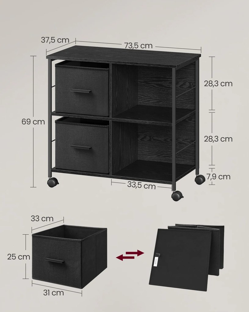 Armário de escritório com 2 gavetas em tecido 37,5 x 73,5 x 69 cm preto