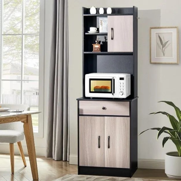 Armário de cozinha alto 60 x 40 x 180 cm, com 2 portas e gaveta, prateleiras ajustáveis e orifício para cabos, espaço para micro-ondas, Preto e castan