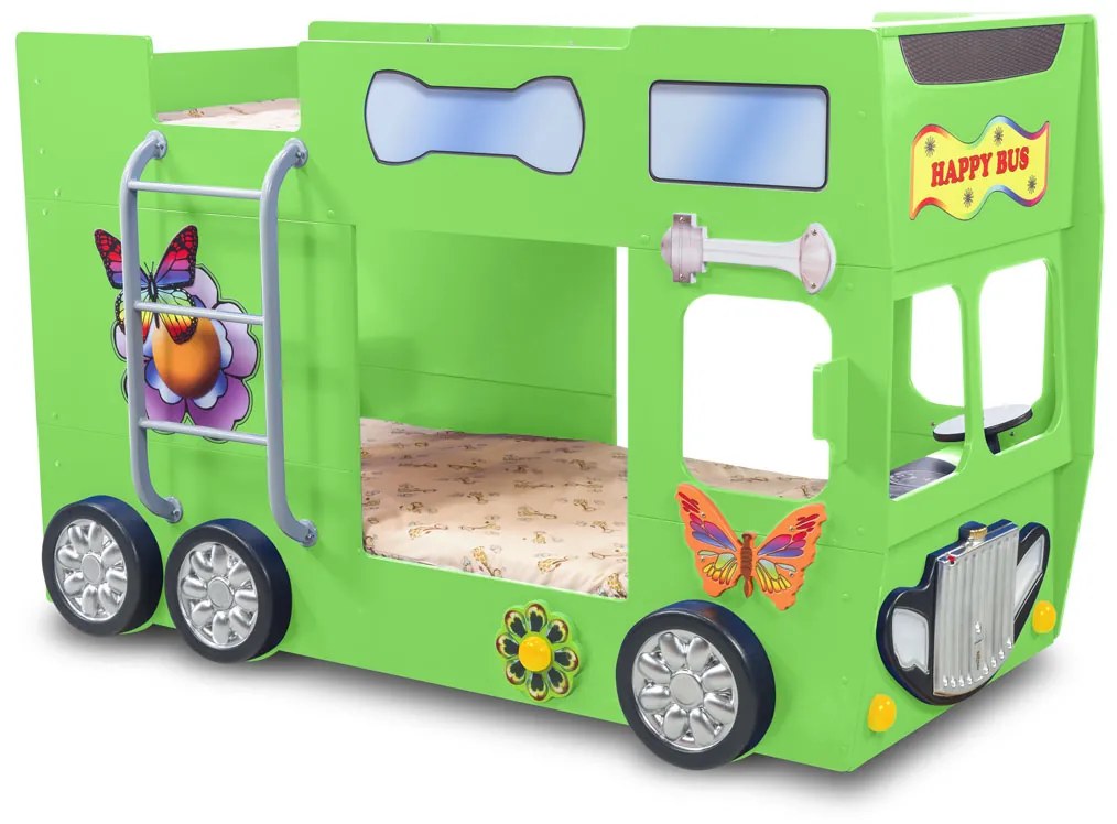 Cama para criança Beliche Autocarro 207 x 116 x 150 cm com Luzes LED 2 colchões e estrados incluídos, capacidade de 100 kg Verde