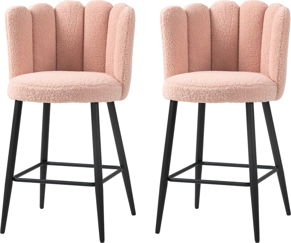 Conjunto de 2 bancos de bar com encosto e apoio para os pés, pés em aço, 52 x 53 x 93 cm, rosa