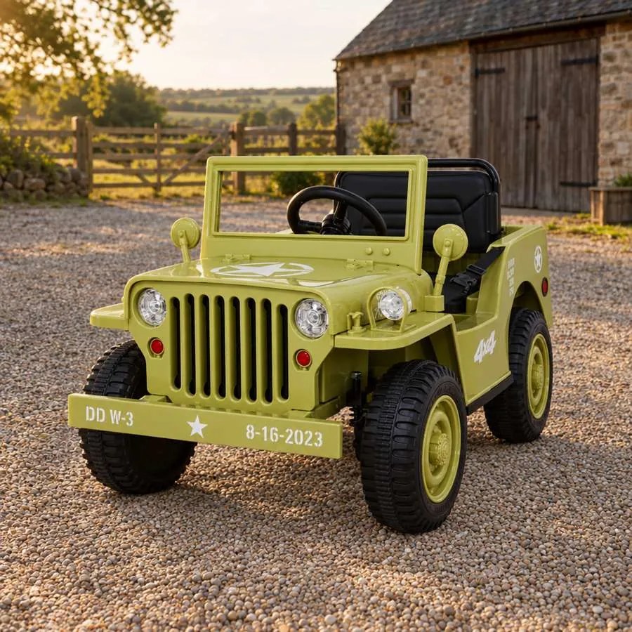 Jipe Militar elétrico para Crianças Retro Military, 12V 4x4, Rodas Espuma EVA, assento couro ecológico Bege