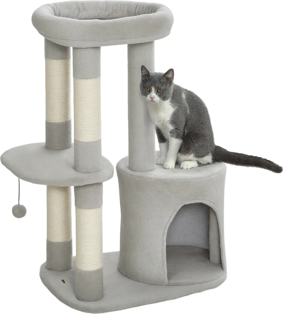 Arranhador para gatos com torre de brincadeiras, arranhadores, plataforma, compartimentos abertos, bola e tecido felpudo, 60 x 45 x 90 cm, cinzento c