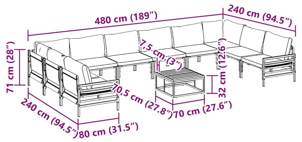 Conjunto de Sofá de Jardim 11 pcs Cinzento-escuro Aço