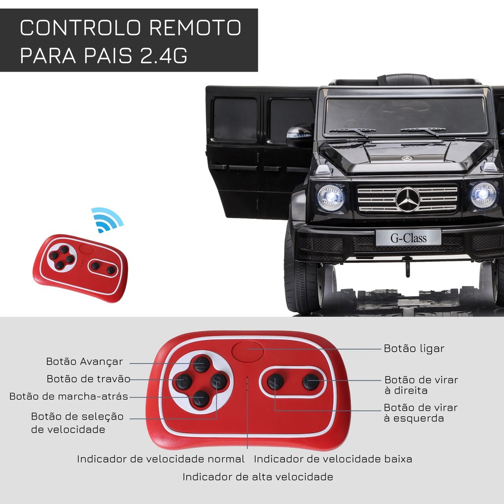 Carro Elétrico BENZ G500 Todo-o-Terreno com Bateria 12V Veículo Elétrico com Música Buzina Velocidade 3-5 km/h Preto