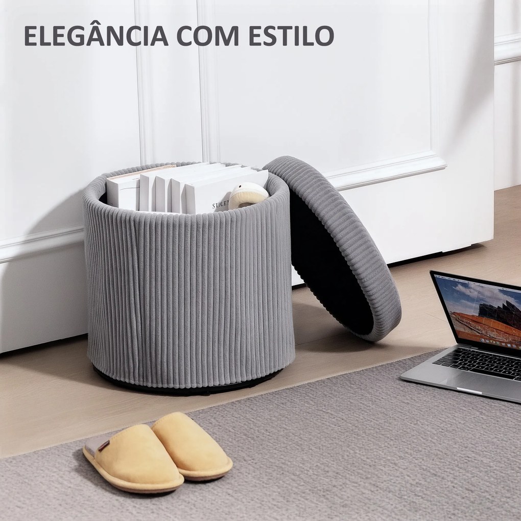 Pufe de Arrumação Baú de Arrumação Redondo Estofado em Veludo Cotelê  Tampa Removível Ø40x41 cm Cinza Claro