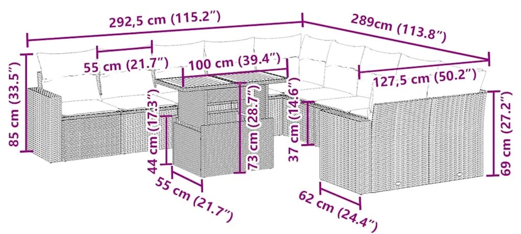 11 pcs conjunto sofás de jardim c/ almofadões vime PE bege