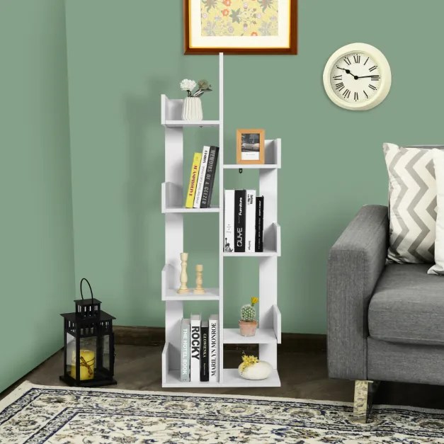 Estante Sala em formato árvore com 8 prateleiras, dispositivo anti-queda, organizador para sala, quarto, 50 x 25 x 145 cm Branco