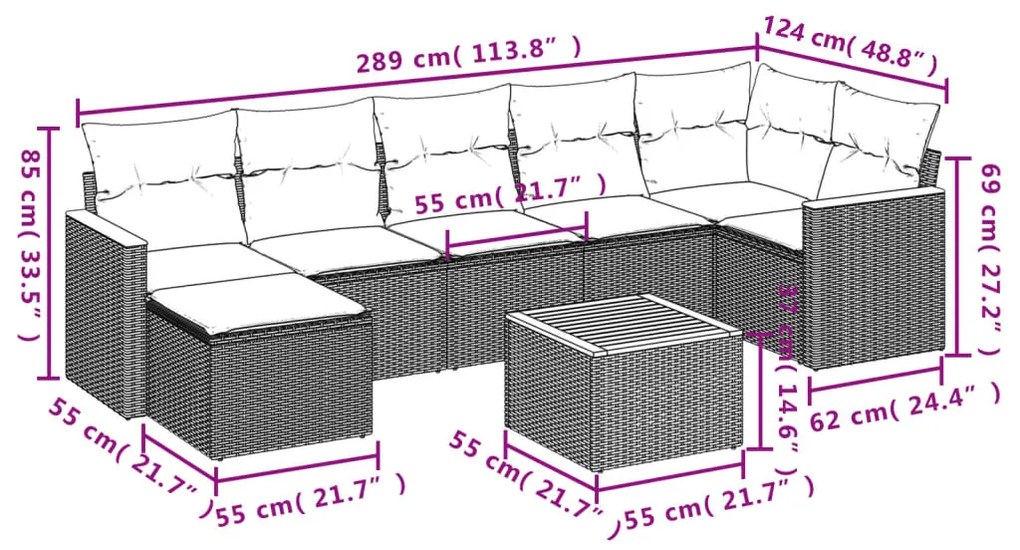 8 pcs conjunto de sofás p/ jardim com almofadões vime PE bege