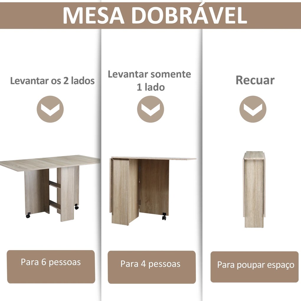 HOMCOM Mesa de Sala de Jantar Dobrável Mesa de Madeira com 2 Prateleiras de Armazenamento e Rodas para Cozinha 80x140x74 cm Madeira