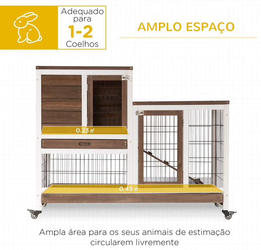 Coelheira de Madeira Interior com Rodas Gaiola para Coelhos Animais Pequenos de 2 Pisos com Área Aberta Rampa e 2 Bandejas Removíveis 110x50x86cm Marr