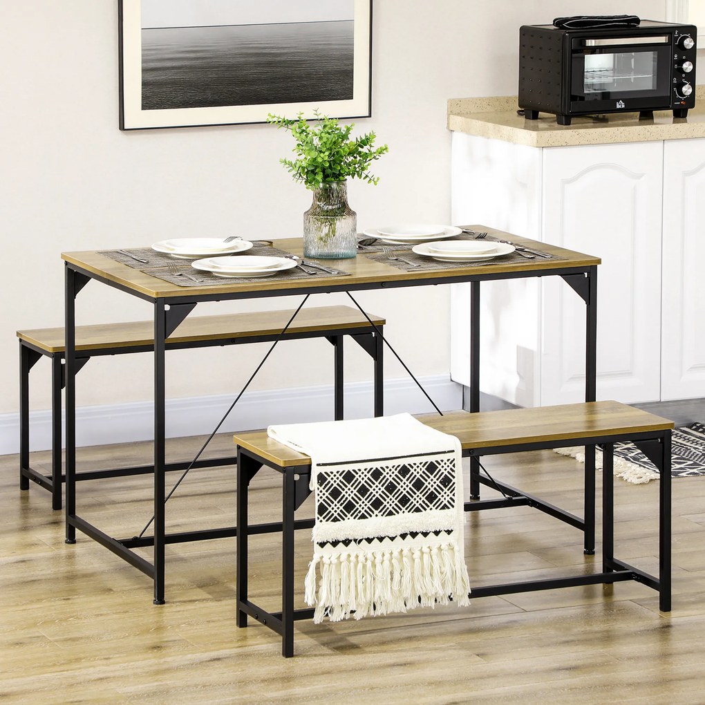 Conjunto de mesa de jantar e 2 bancos com estrutura em aço para 4 pessoas, para cozinha, sala de jantar e sala de estar, em tons naturais e pretos