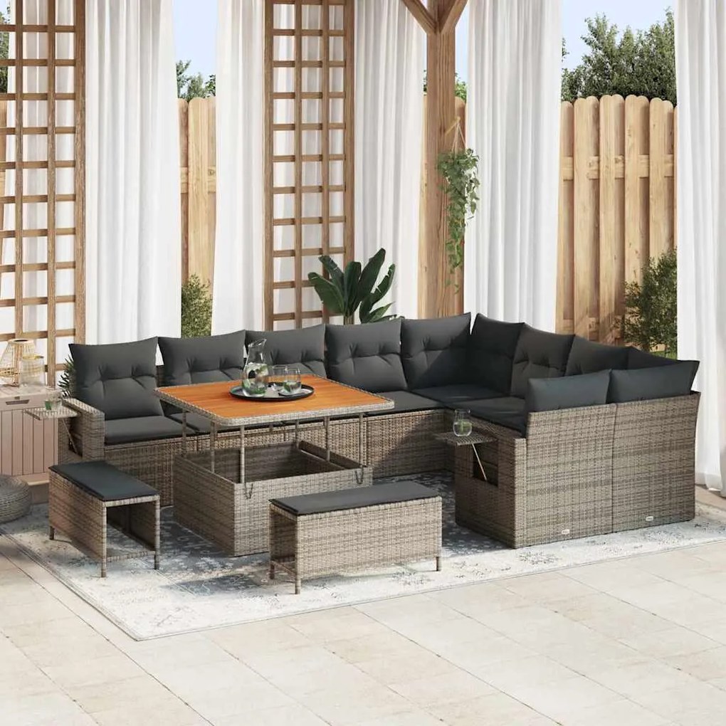 Conjunto de Sofá de Jardim com 12 Peças e Almofadas Cinza Rattan Poliéster Acácia