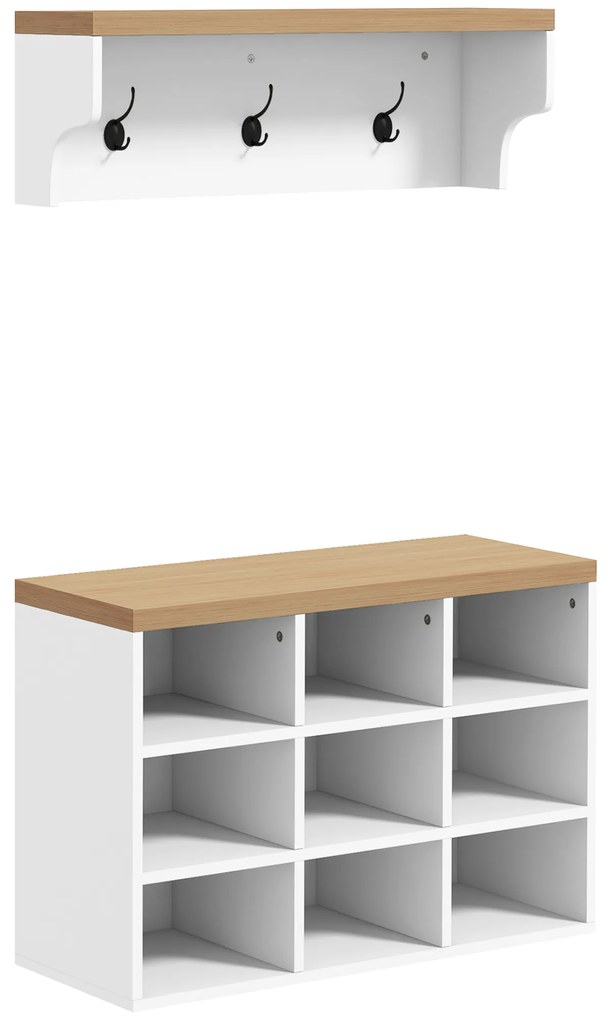 HOMCOM Móvel Cabide de Entrada com Banco Sapateira 2 em 1 Móveis de Entrada com 3 Ganchos 75x30x50 cm e 75x20x22,5 cm Branco