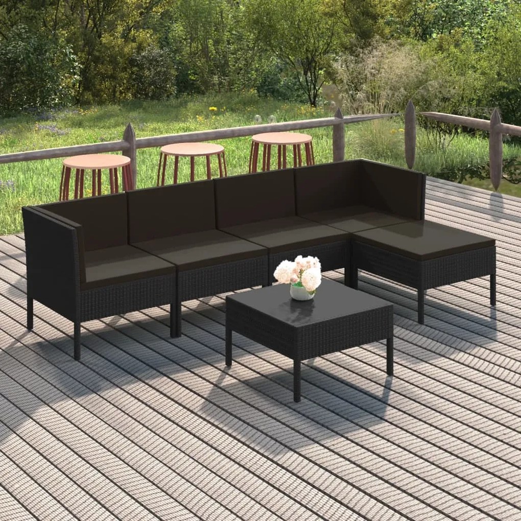 vidaXL 6 pcs conjunto lounge de jardim c/ almofadões vime PE preto